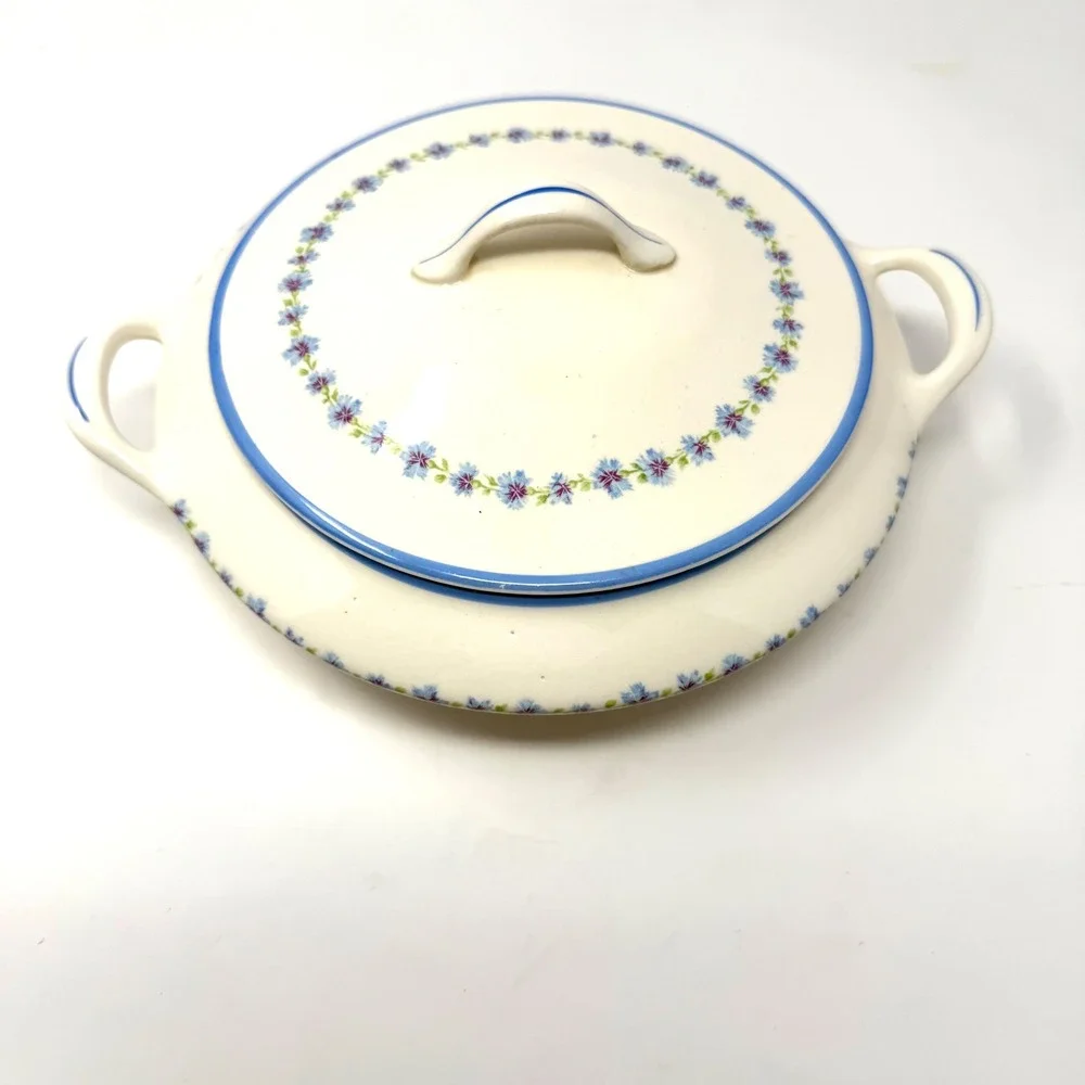 Canonsburg Pottery Bonnie Blue Covered‎ Vegetable Casserole Dish Floral Blue Rim